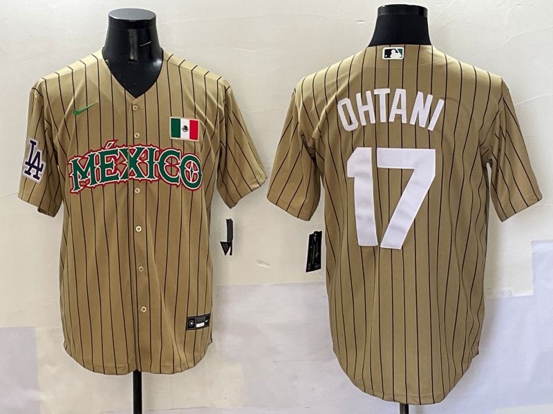 Men Los Angeles Dodgers 17 Ohtani Brown Stripe Mexico Joint Name 2025 Nike MLB Jersey style 47